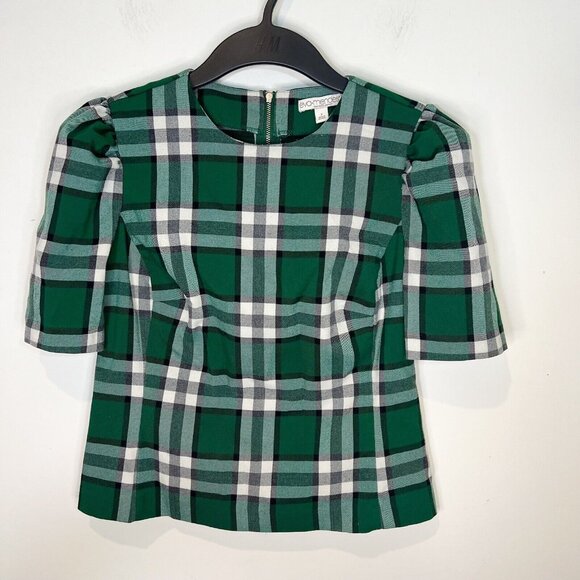 Eva Mendes Blouse Size 2 Green Plaid Puff Short Sleeve Popover Top Extra Small - Picture 10 of 10
